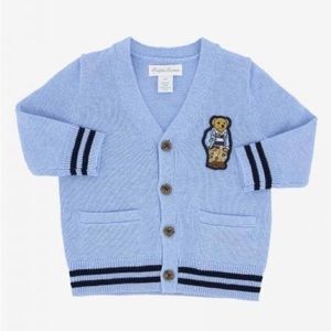 Ralph Lauren Baby Boy Blue Heather Preppy Cardigan With Teddy Bear 18 Month